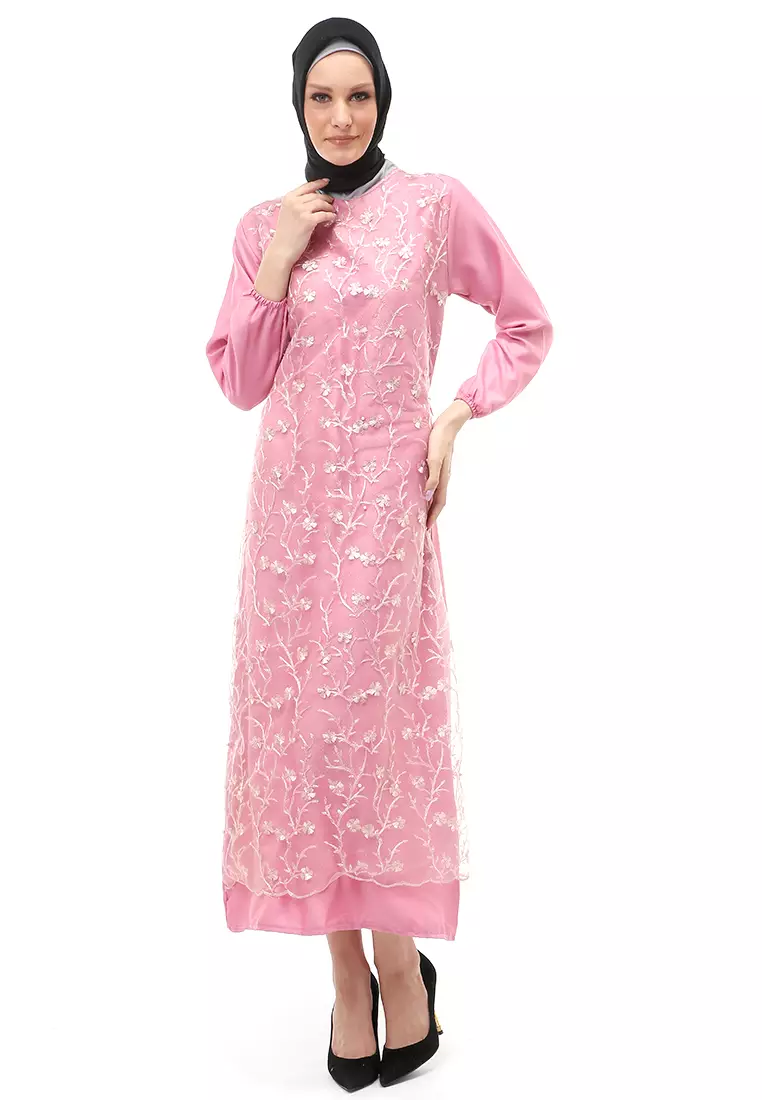 Syakilla Gamis Dress Brukat Wanita Muslimah Relaxed Fit - Pink
