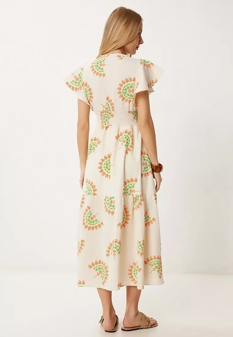 Patterned Flounce Summer Linen Dress