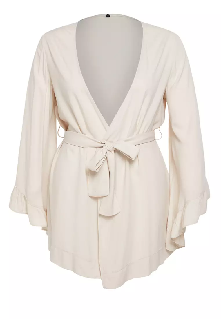 Ecru Sleeve Frilled Flounce Viscose Beachwear Woven Plus Size Kimono&Caftan TBBSS23DE00001