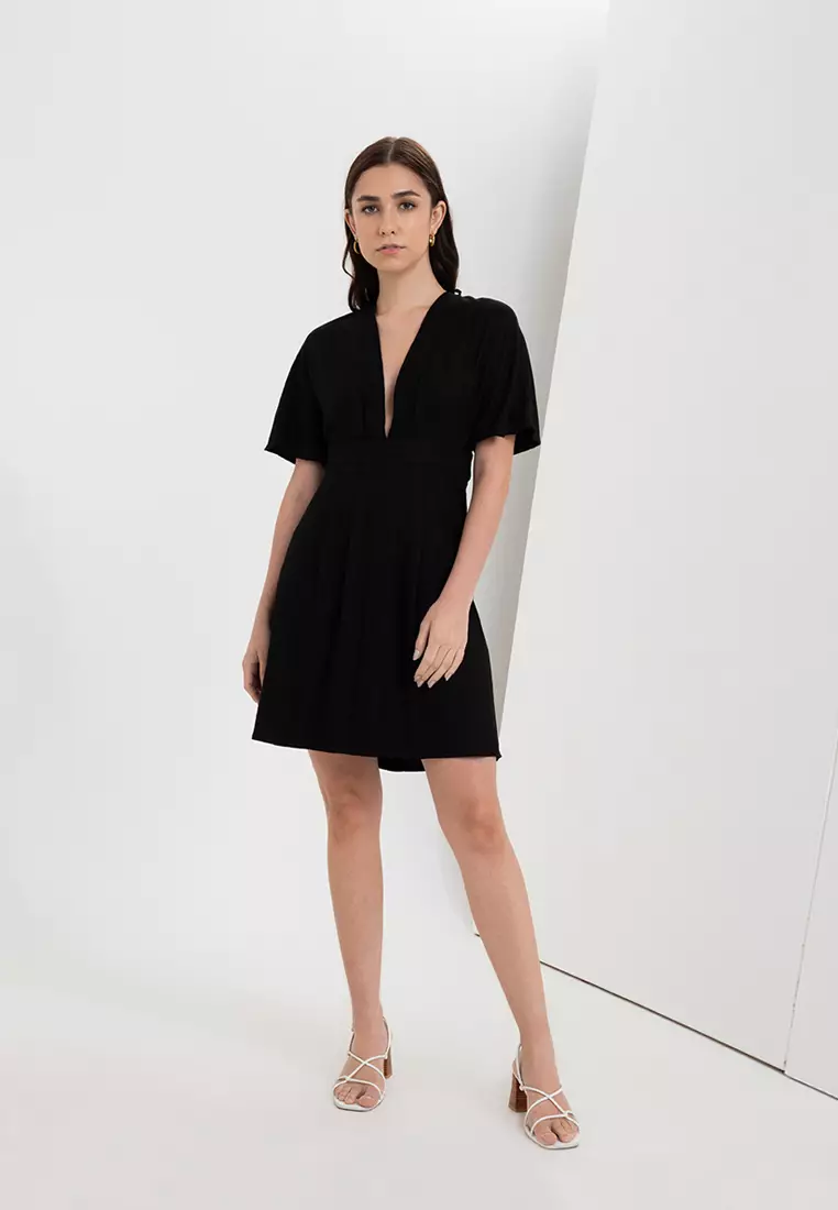 Linen Blend Plunge Neck Mini Dress