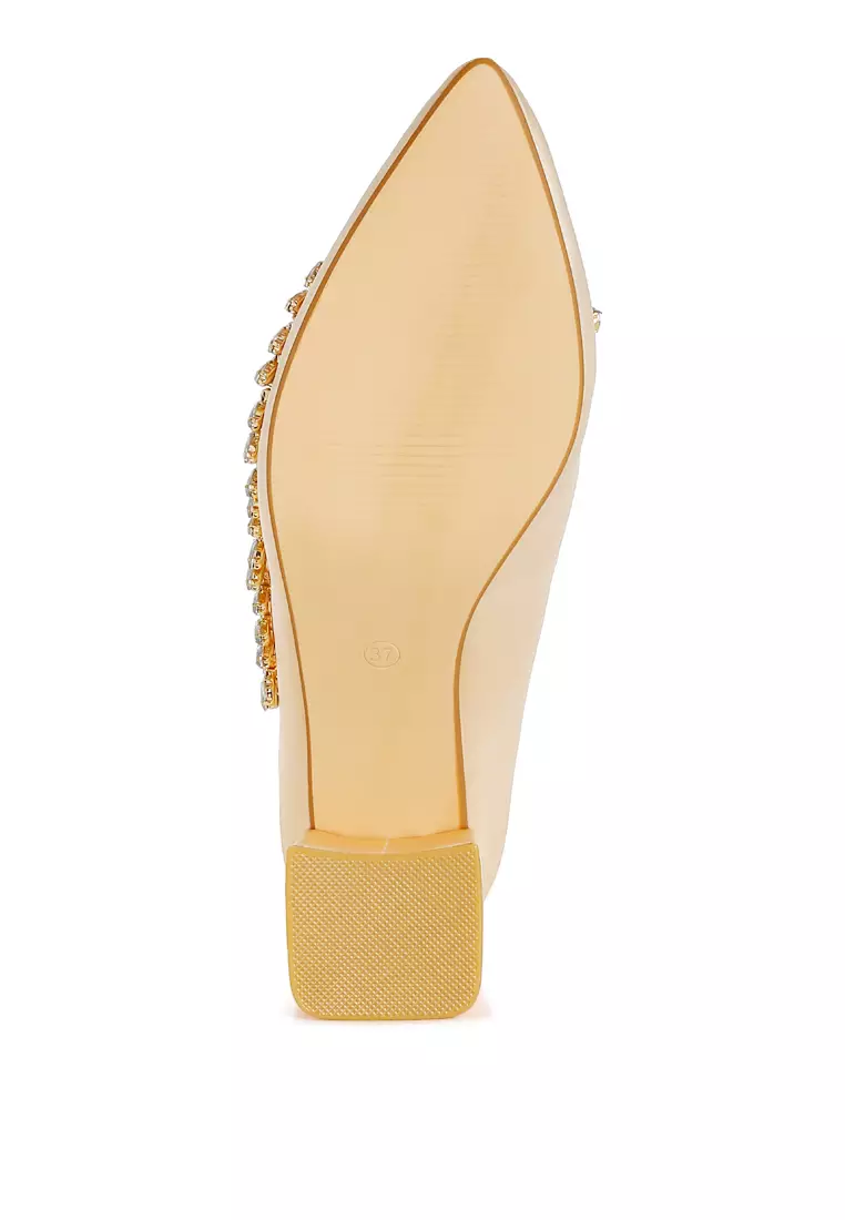 Satin Diamante Embellished Pumps in Beige