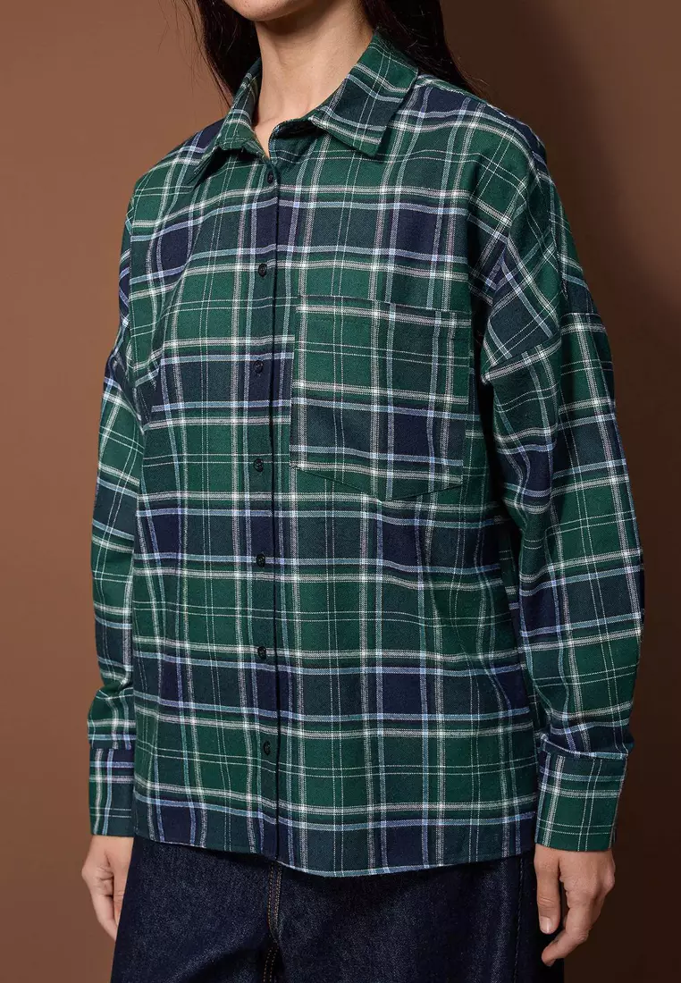 Blue-Multicolored Flannel Plaid Oversized /Wide Fit Shirt Twoaw26Go132