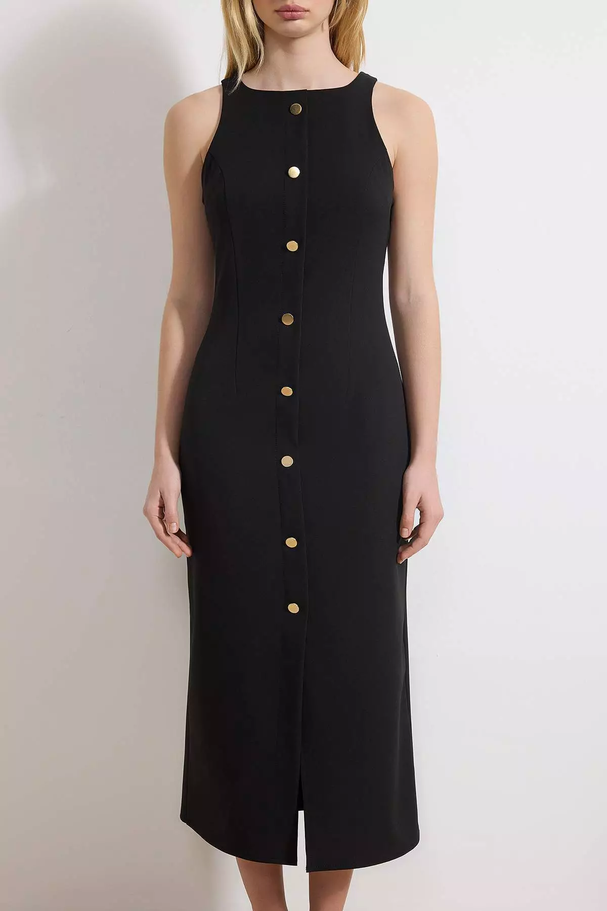 Black Button Detailed Midi Woven Dress Twoss26El83