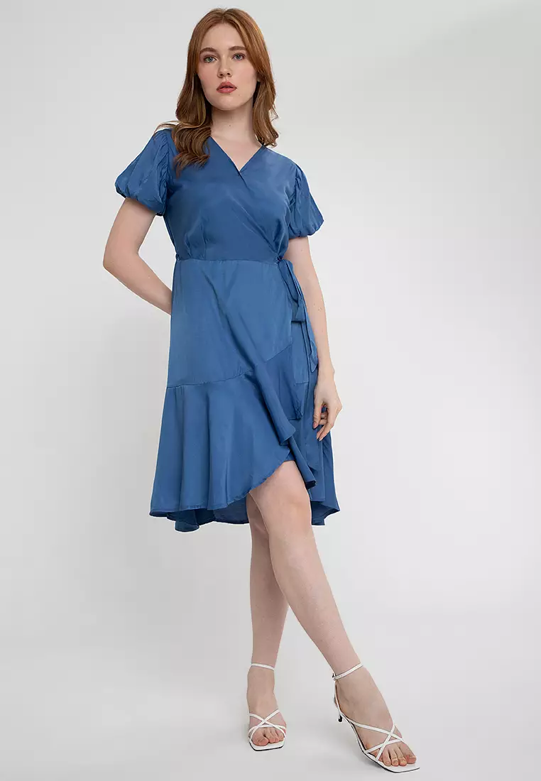 Dusty blue floral high top neck frill hem shift dress