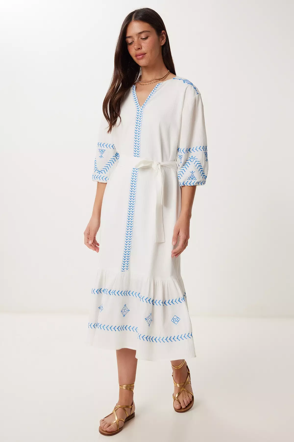 Women's White Embroidery Embroidered Flounced Summer Linen Dress Rv00212