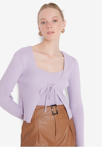 Trendyol purple Lacing Detail Knit Cardigan and Top Set DE120AADFE221AGS_1