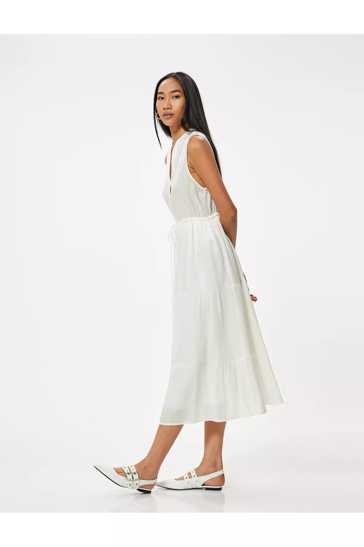 Sleeveless Midi Length Viscose Dress Shiny Tie Waist Lined