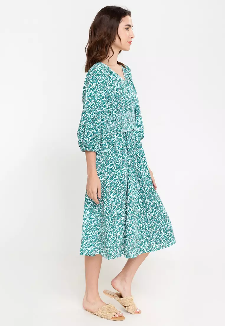 Clarence Printed V-neck Smocked Dress