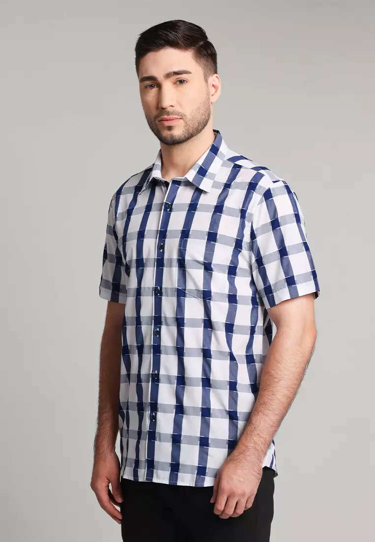 MOC - Kemeja Kotak-kotak Lengan Pendek Pria Zertta - Navy