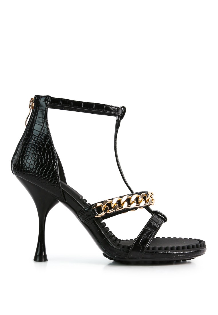 Black Metal Chain Mid Heel Sandals
