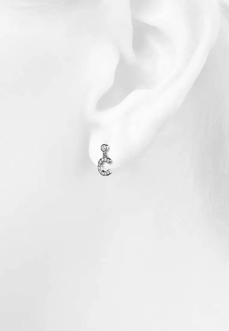 Solid 925 Sterling Silver Initial Crystal Personalised Alphabet Letter Earrings - C - Default