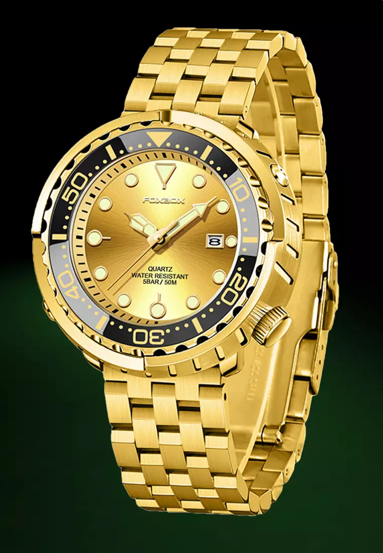 Buy LIGE FOXBOX Unisex IP Gold Stainless Steel Diver's Quartz Watch ...