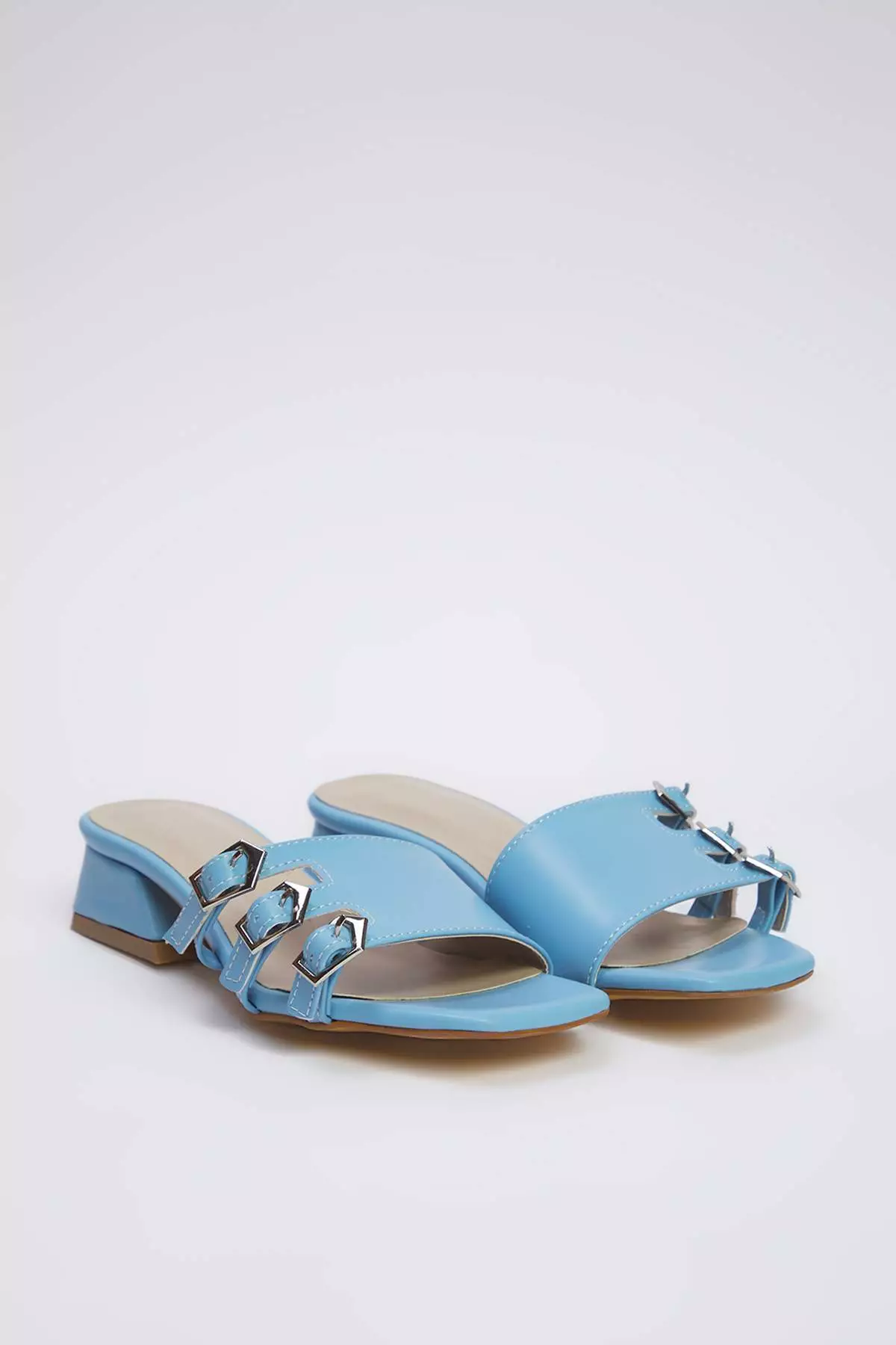 Baby Blue Gold Buckle Block Heel Women Heels Slippers Takss25To00036
