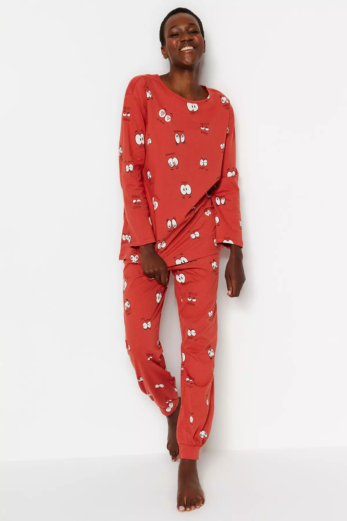 Cinnamon 100% Cotton Eye Patterned T-Shirt-Jogger Knitted Pajama Set