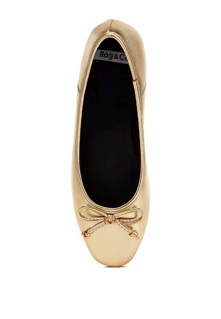 Bow Detail Metallic Ballerinas in Gold