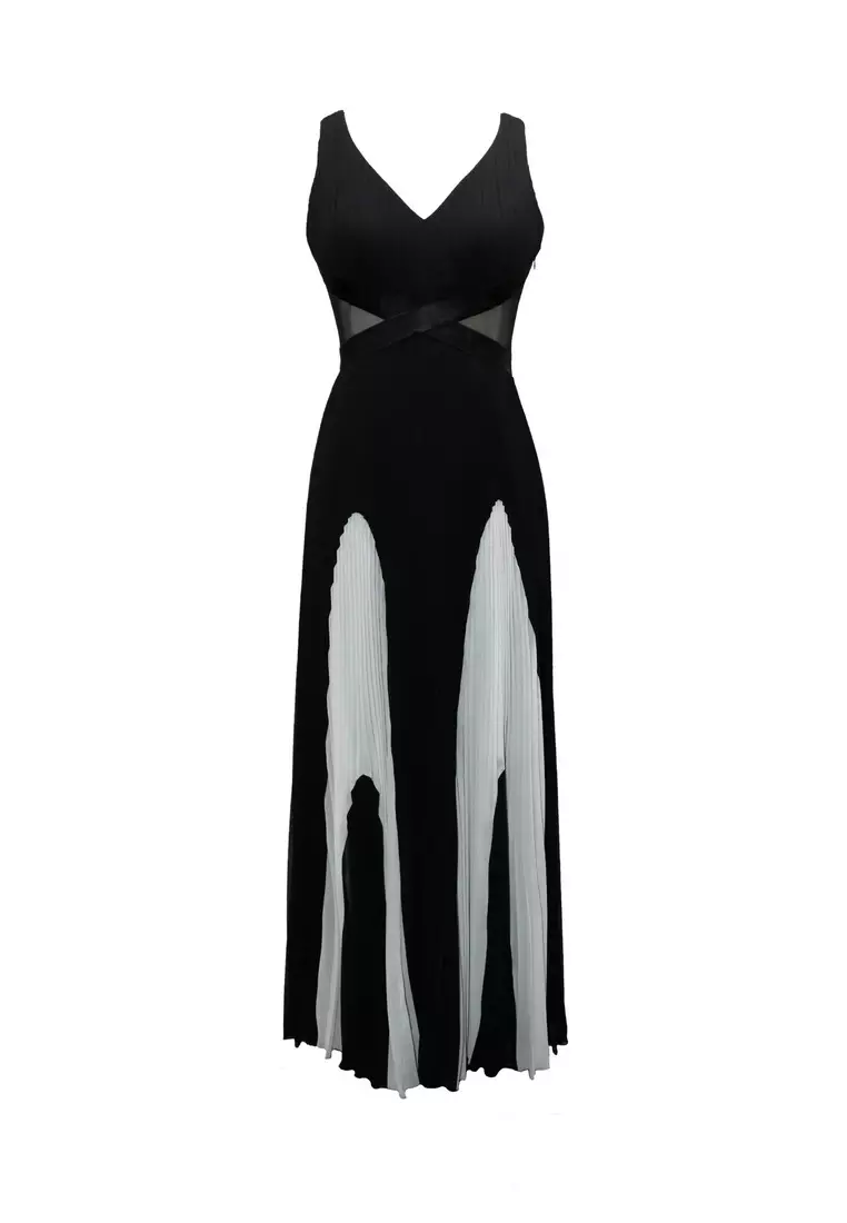 性感透視壓褶撞色雪紡連衣長裙