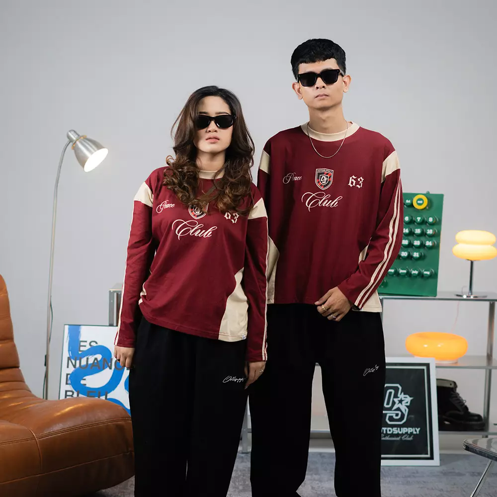 OOTDSUPPLY Longsleeve Boxy Slava Peace Club Maroon l Atasan Boxy Panjang Unisex | Kaos Lengan Panjang Pria dan Wanita | LS-BX-SLA001
