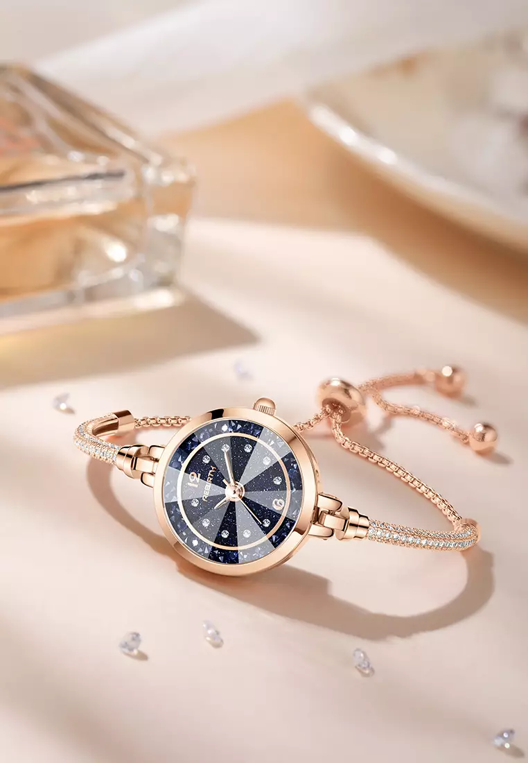 Jam Tangan Wanita Anti Air Gelang Gaya Berlian Tali Merenggang Jam Tangan Cewek Original rose blue