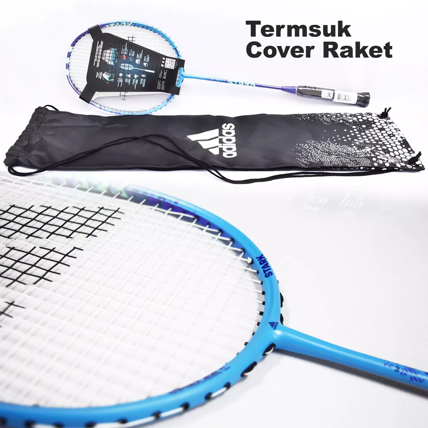 Paket 2 Raket Badminton Adidas E Strak dan Shuttlecock Flieger FS1 Speed 77 Putih isi 12