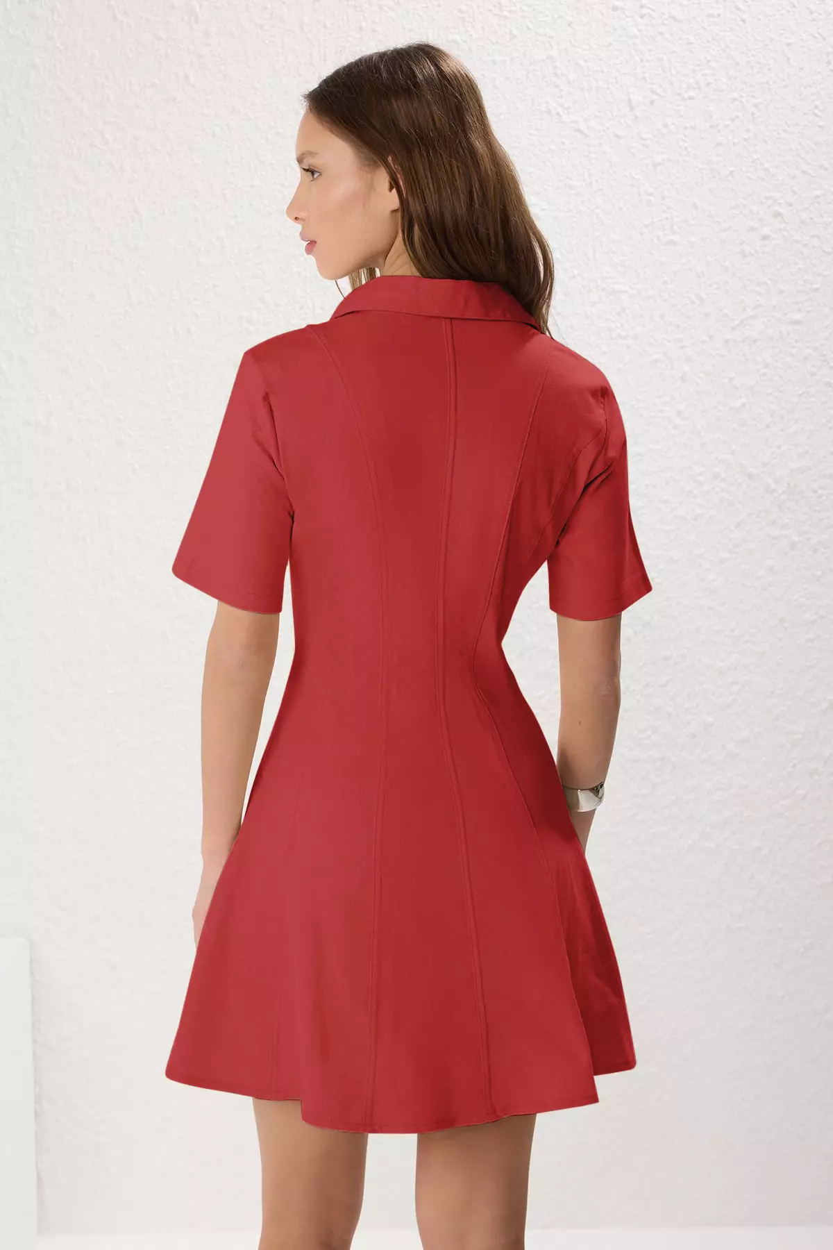 Red Straight Skirt Waist Opening Stitching Detail Mini Dress