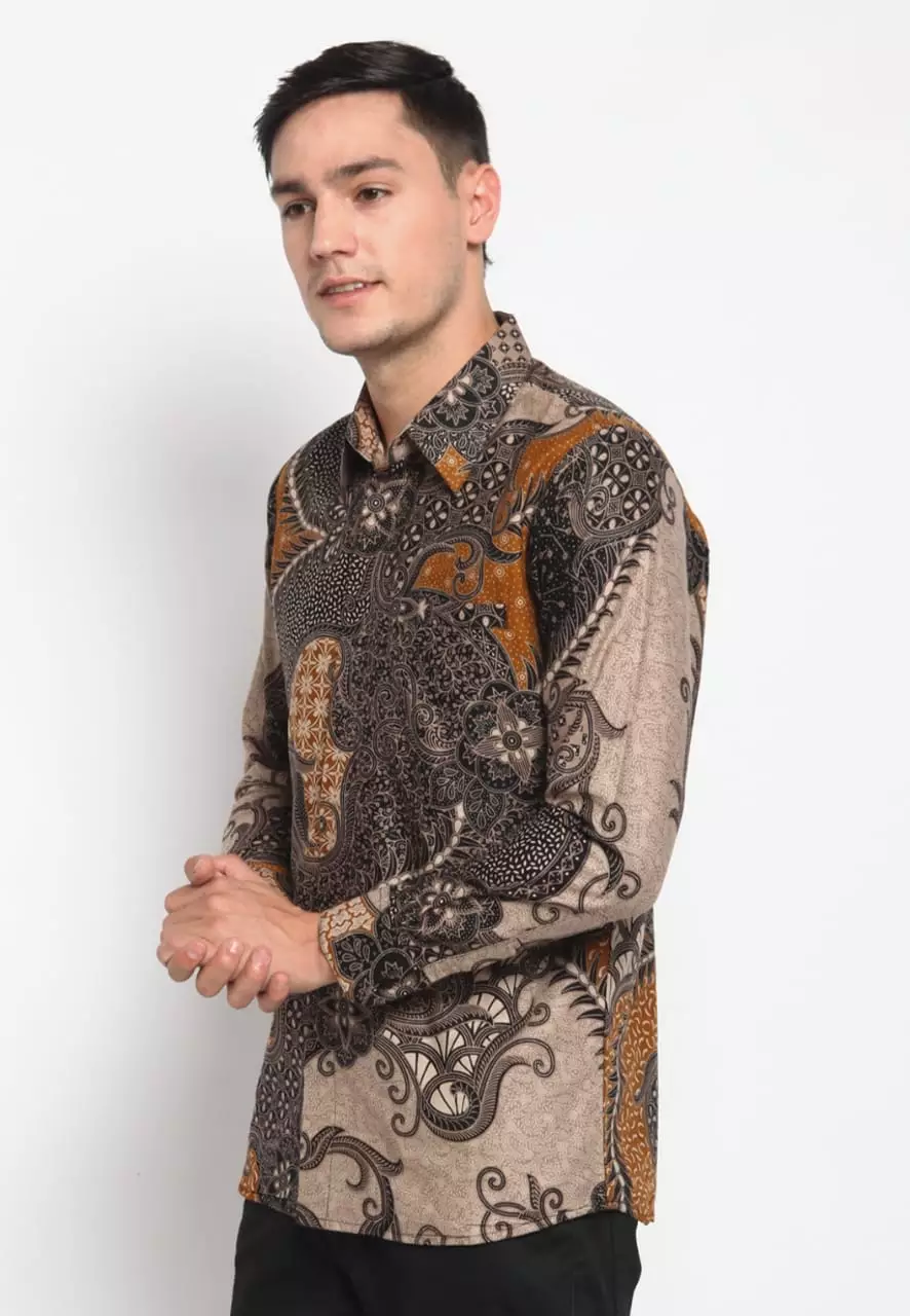 Kemeja Batik Pria Premium Slimfit Elegant Modern Lengan Panjang Trijata Oranye