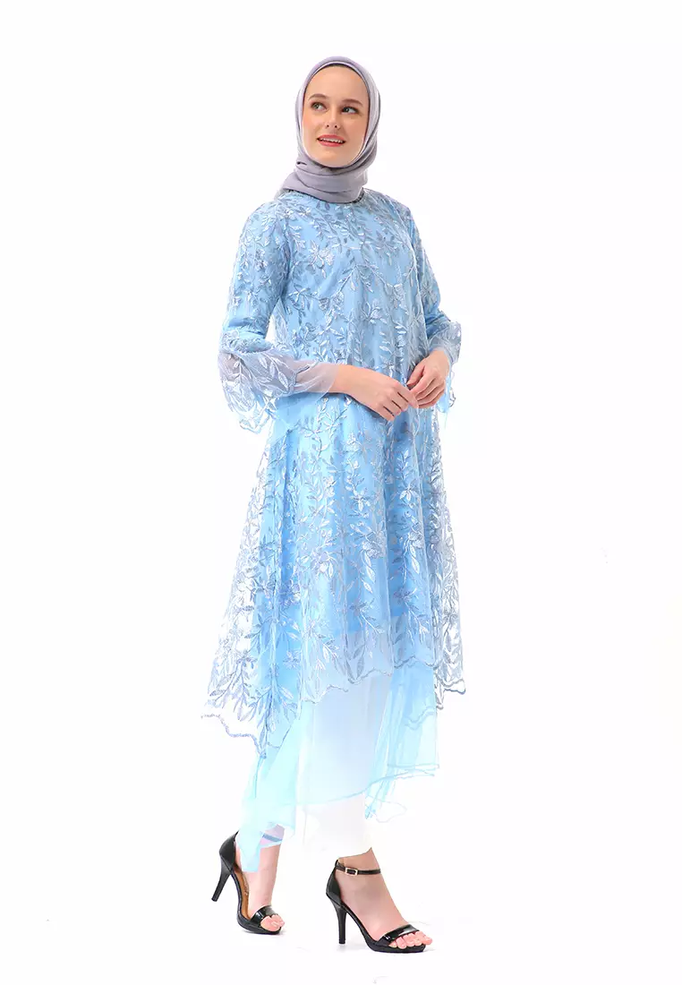 Aliyah Long Dress Motif Bunga High Quality Premium - Baby Blue