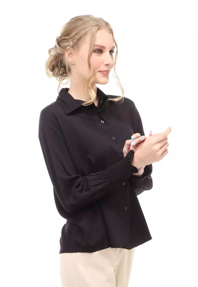 Holly Kemeja Atasan Kasual Wanita Model Lengan Karet Material Twill rayon ORIGINAL - Black