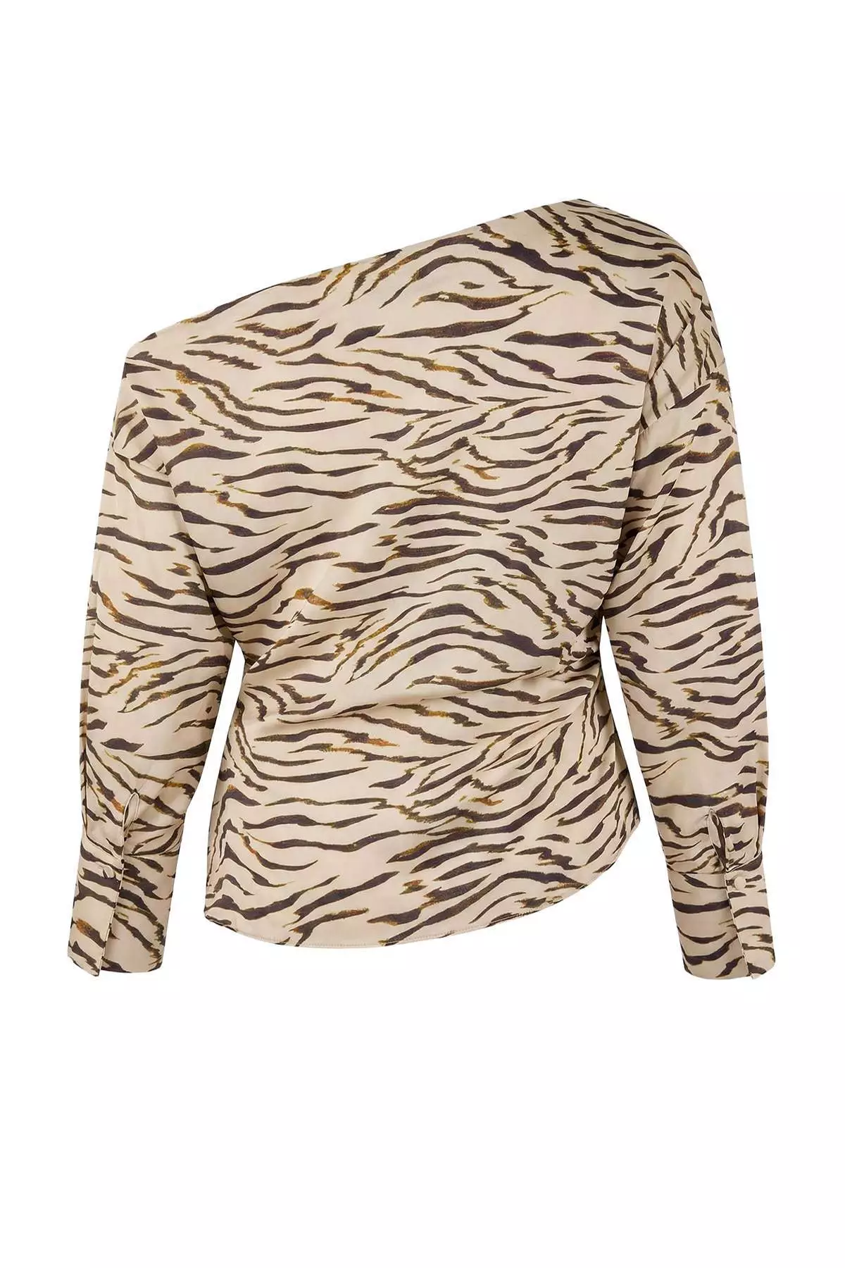 Beige Satin Zebra Patterned Long Sleeve Woven Plus Size Blouse Tbbss26Af00019
