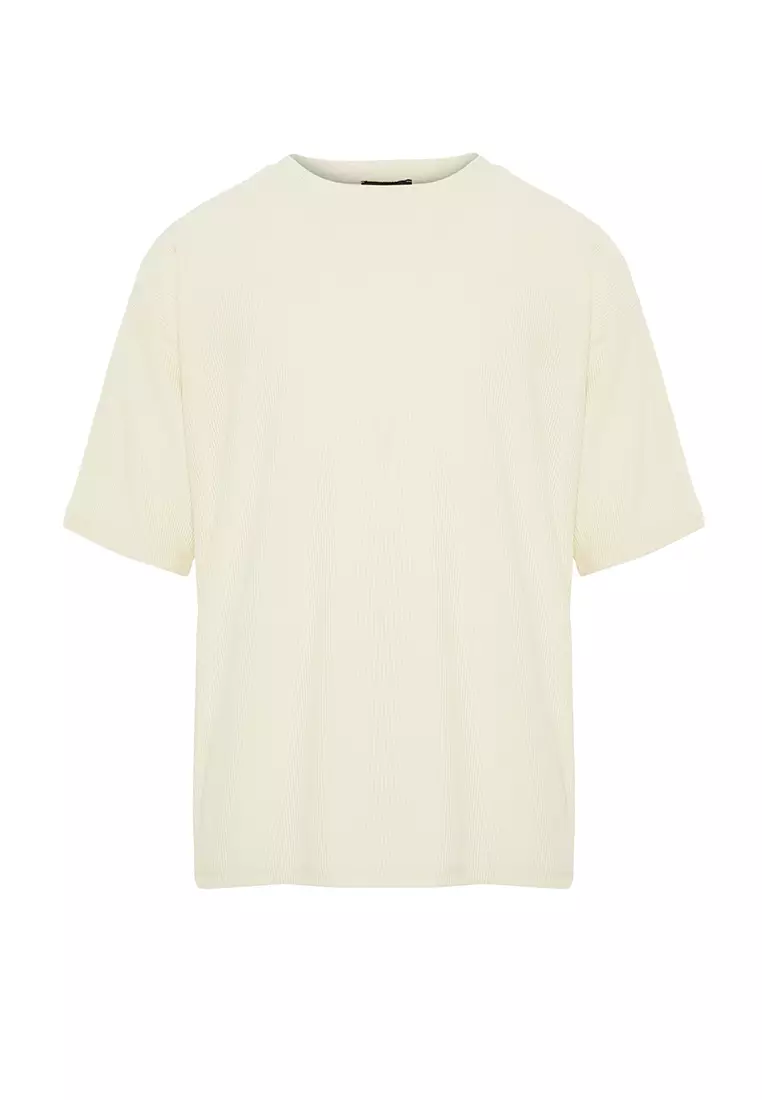 Ecru Premium Oversized Crew Neck Short Sleeve Textured Ottoman T-Shirt