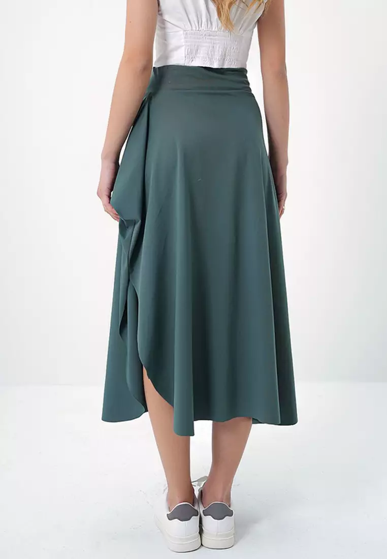 Green Ethnic Pattern Midi Asymmetric Regular Skirt