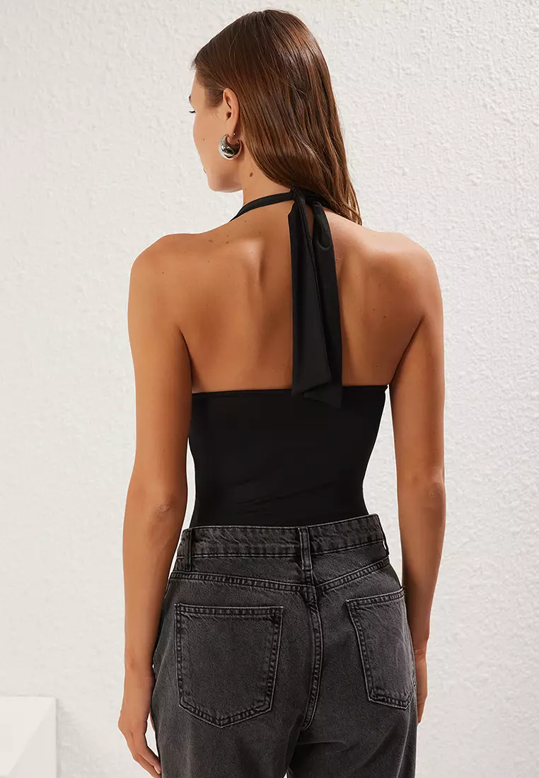 Black Gathered Halter Neck Fitted Snap Elastic Knitted Bodysuit
