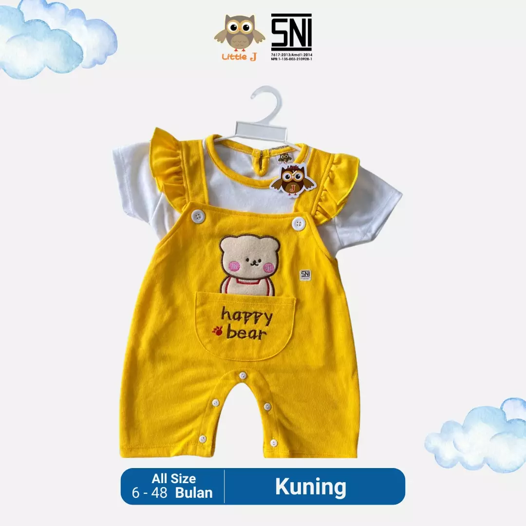 Overall Set Bayi Jumpsuit Singlet Anak Cewek Romper Celana Pendek Happy Bear Kuning