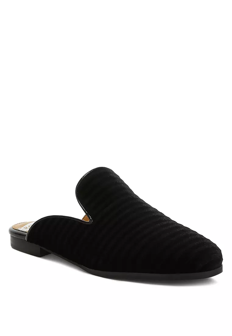 Velvet Textured Slip On Mules in Black
