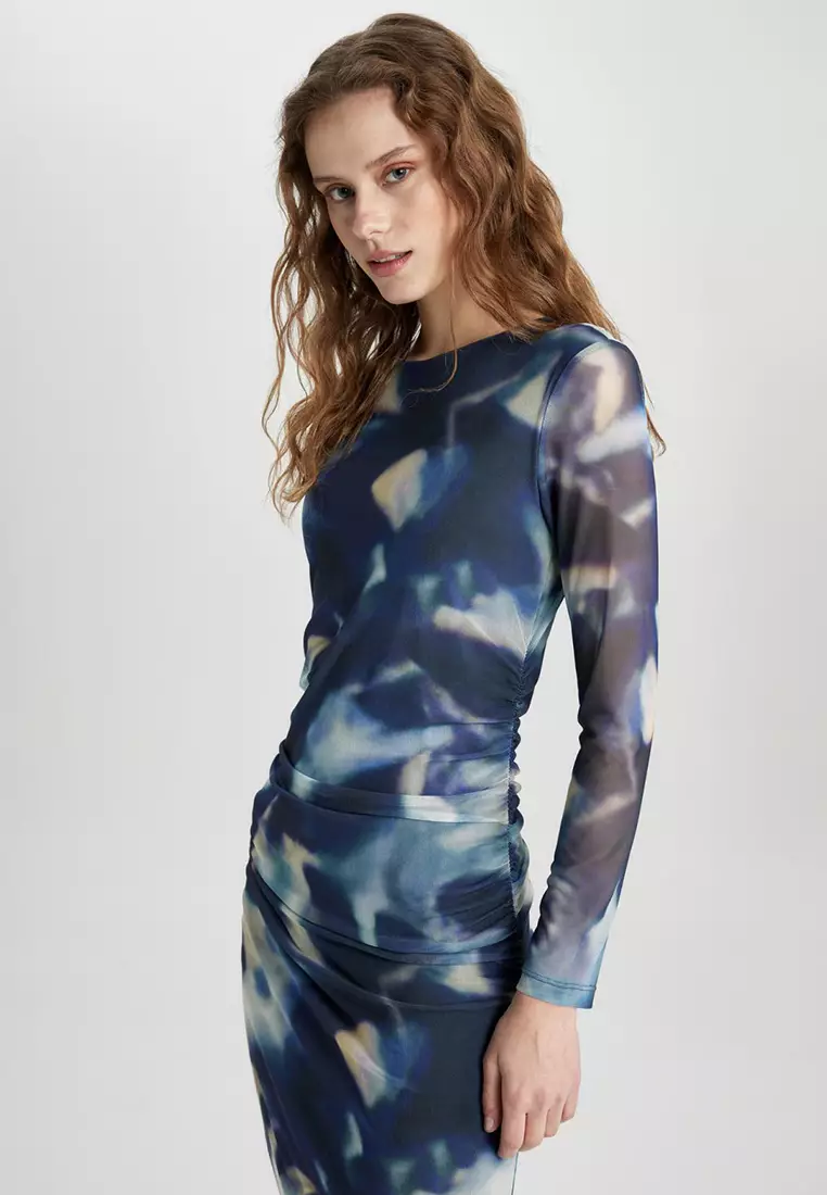 Printed Tulle Midi Dress