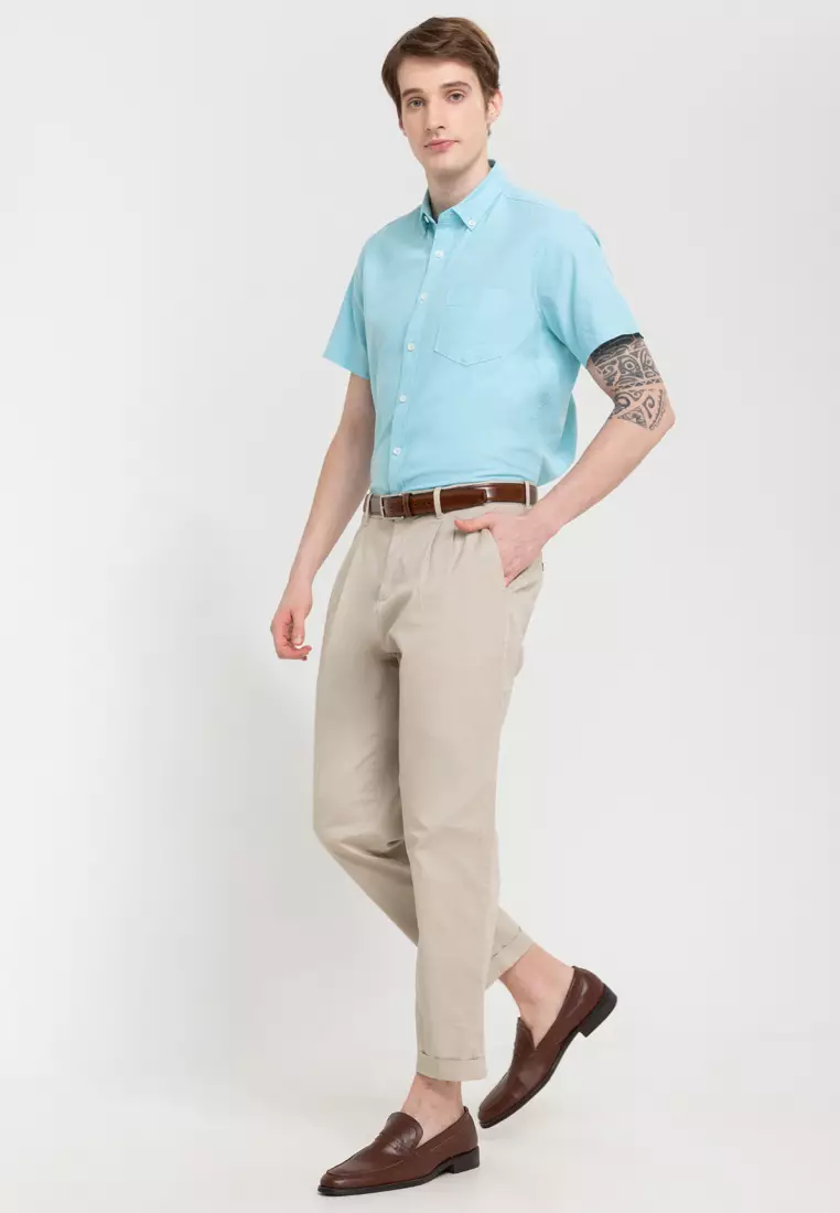 Woven Short Sleeves Casual Oxford Pea Shirt