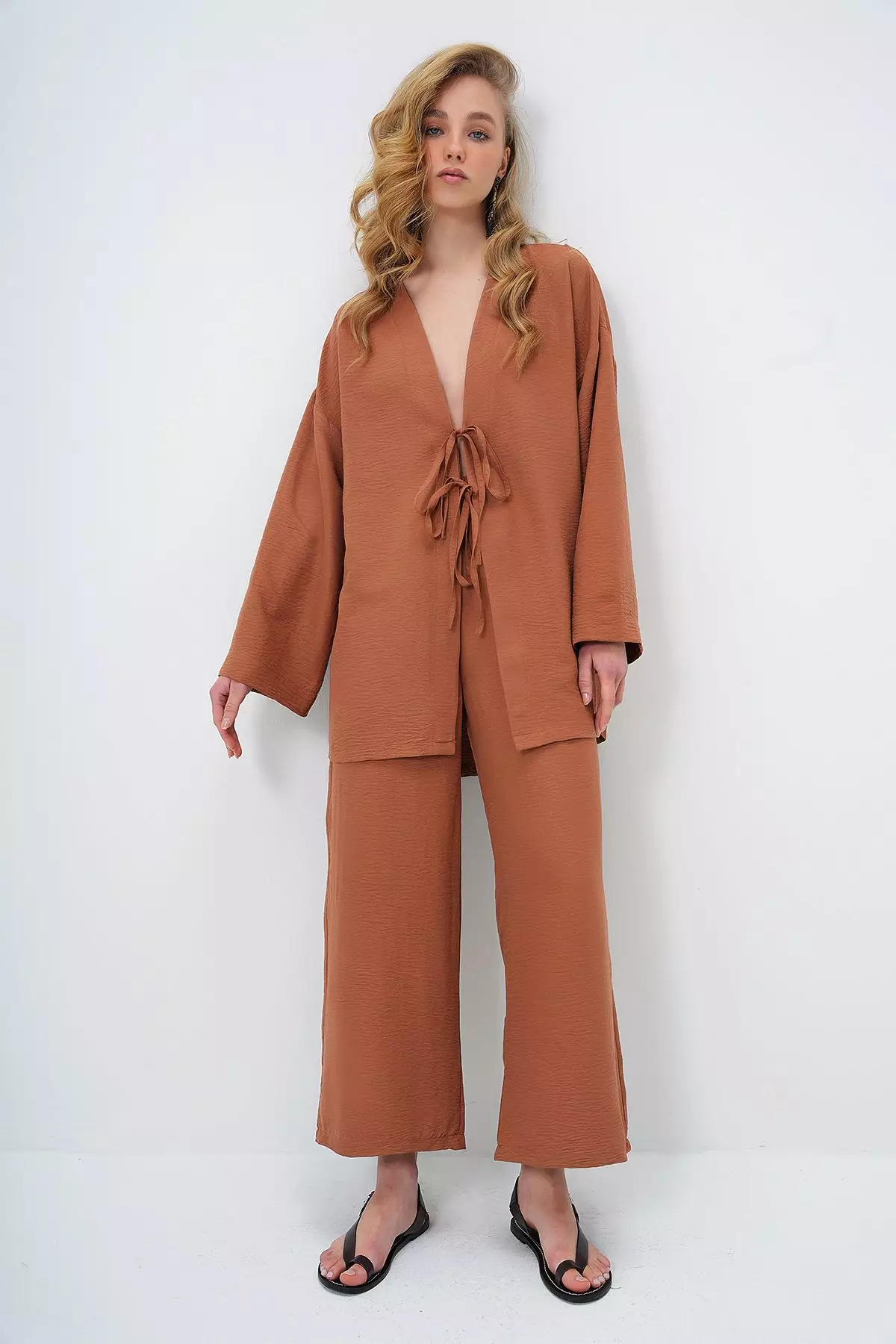 Women's Brown Lace-Up Kimono Jacket And Palazzo Pants Set Alc-X12452