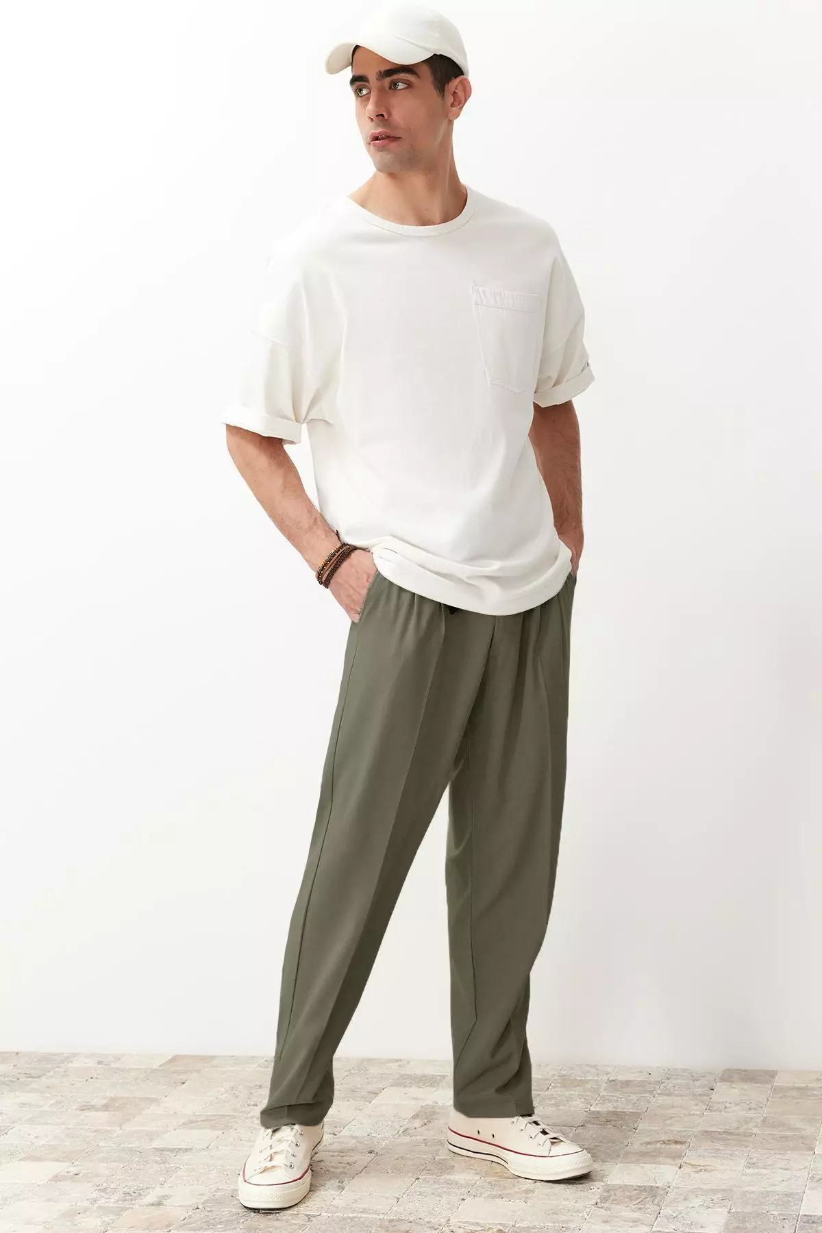 Khaki Pleated Classic Baggy Fit Fabric Trousers TMNSS24PL00024