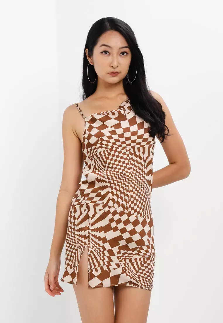 Warped Check Satin Slip Dress