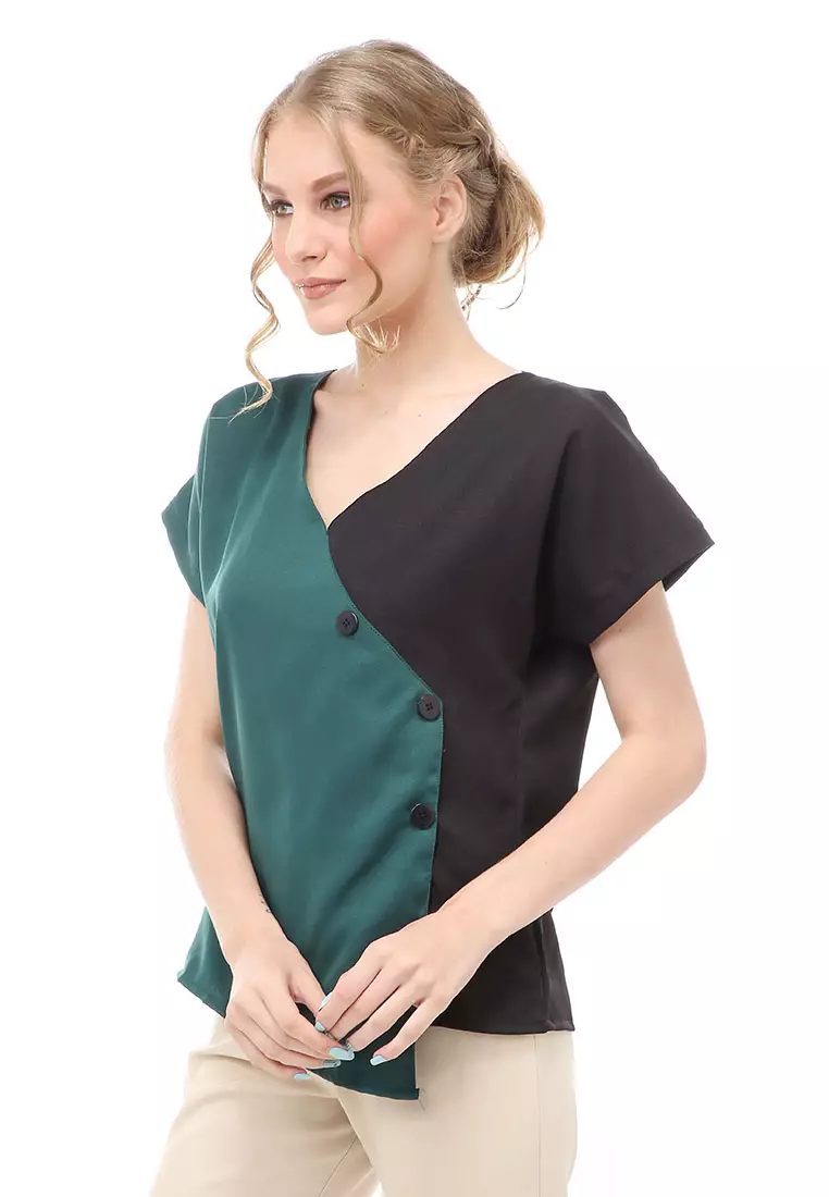 Cheva Blouse Atasan Wanita Kasual Model Asimetris Kombinasi 2 Warna Material Moscrepe ORIGINAL - Green