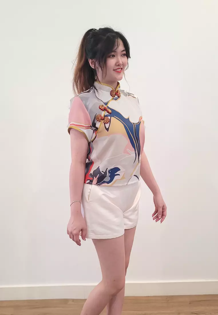 Ivory Cheongsam Cap Sleeves Top Red White Printed Batik