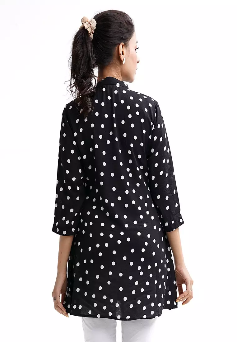 Le Reve 黑色波尔卡荷叶边风格乔其纱长袍