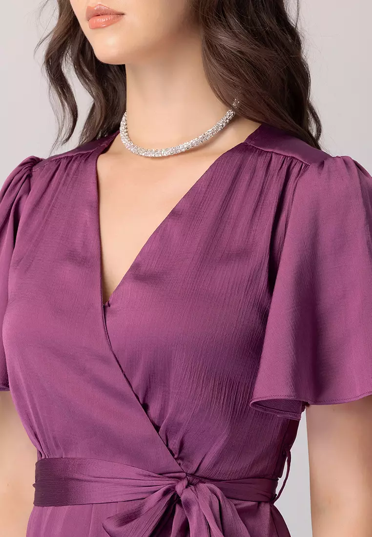 Pink Flared Sleeve Wrap Dress With Belt