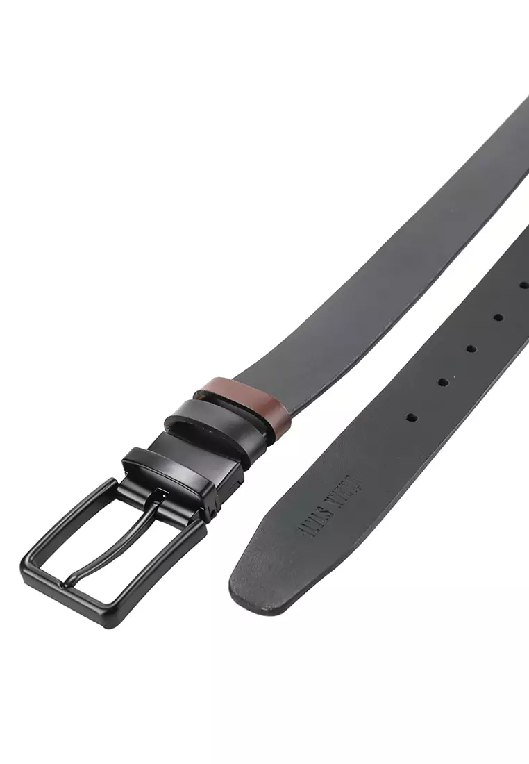 Black Slim Square Pin Buckle Reversible Top Grain Leather Belt