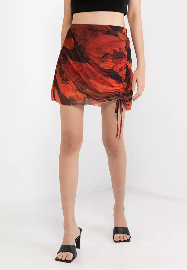 Jersey Mesh Ruched Side Abstract Print Mini Skirt