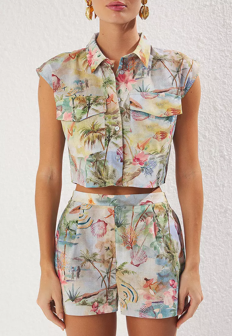 Beach Wear Tropical Patterned Flamed Cotton Shirt Shorts Set