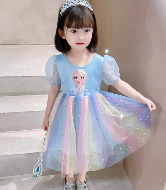 Wakakids Dress Anak Perempuan Lengan Pendek Karakter Frozen Gaun Sequin Tutu Rainbow 4491 Venrz Biru