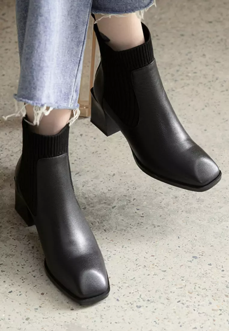 VANSA Fashionable Top Layer Cowhide Stretch Ankle Boots VSW-B06291288