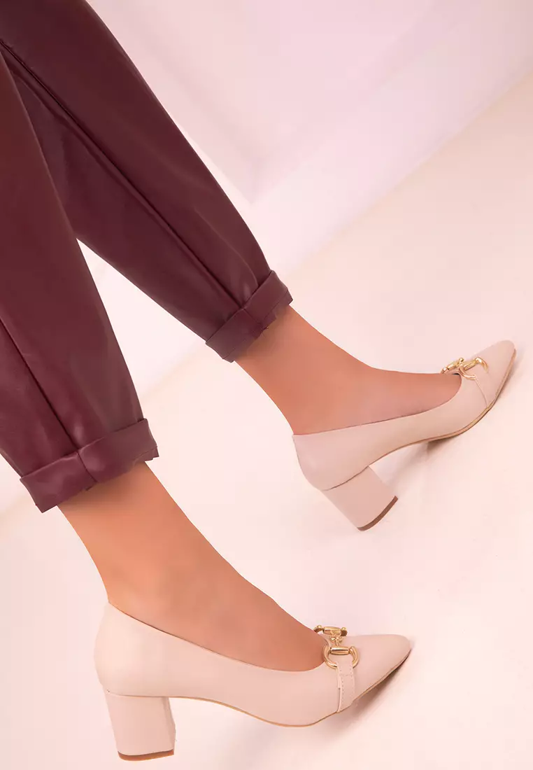 Faux Leather Heels with Accessory Detail