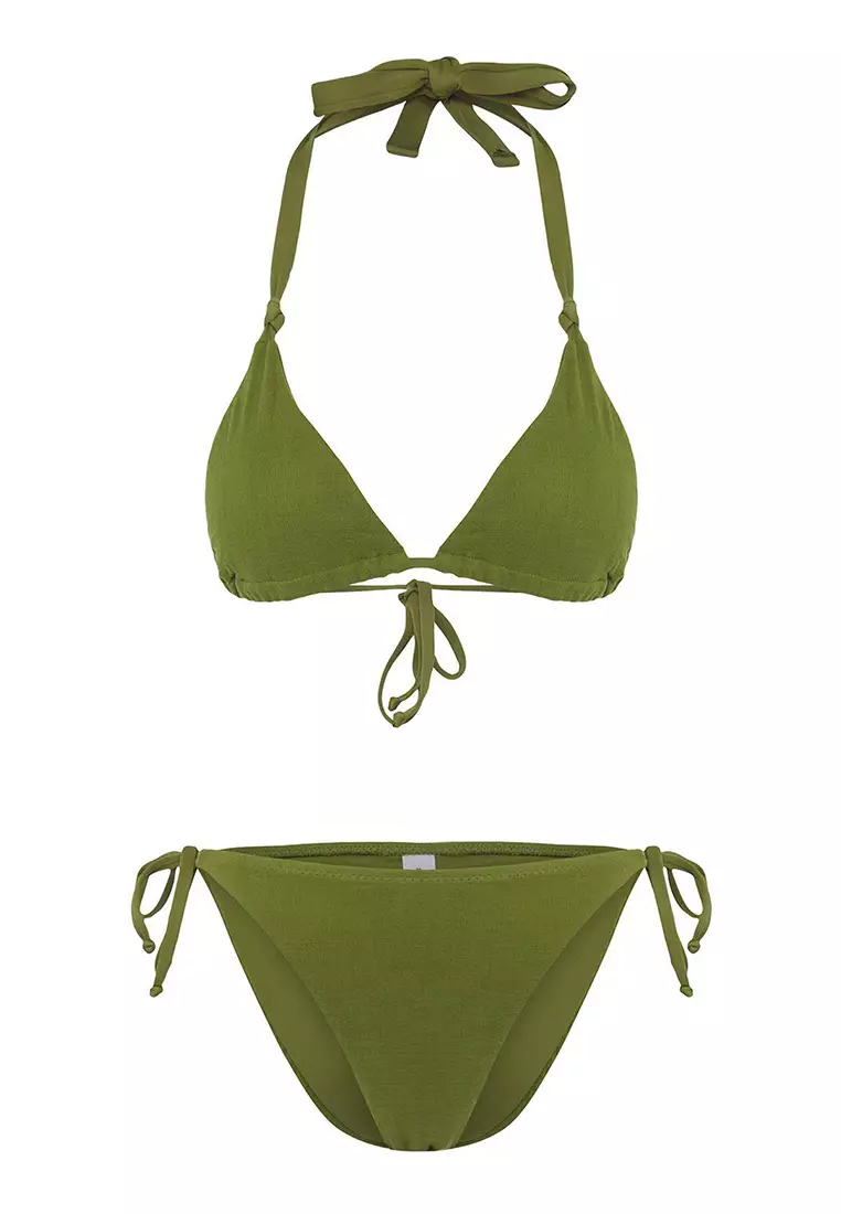 Khaki Plain Triangle Muslin Normal Waist Bikini Set