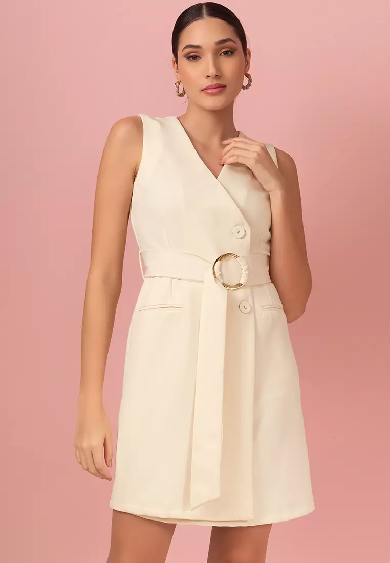 White Double-Breasted Blazer Dress With Belt